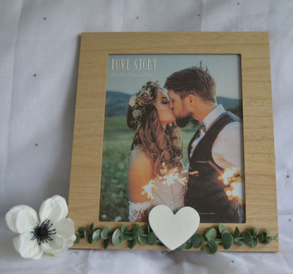 Love Story Rustic Wooden Frame, Size 4x6, 5x7, 8x10, with Leaves and Heart, Wedding