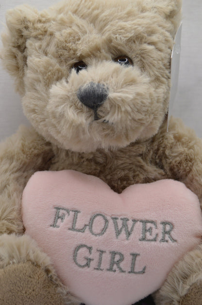 Plush Teddy Bear Holding a Heart, Flower Girl, Page Boy Bear, Pink and Blue Heart