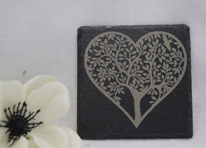 Heart Tree Design Slate Coasters, Square Shaped Coasters, Laser Engraved, Gifts for Wedding, Birthday, Anniversary, Christmas, Llan Gifts
