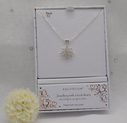 Neckless, CELESTIAL SUNBURST NECKLACE, Silver, with Cubic Zirconia, Gift for her, Jewellery, wedding, Priodas,
