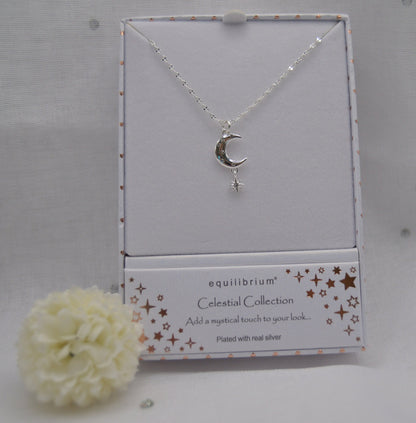 Neckless, Celestial Starlight neckless, Moon Shaped and dangling Star, Silver, with Cubic Zirconia, Jewellery
