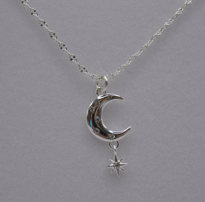 Neckless, Celestial Starlight neckless, Moon Shaped and dangling Star, Silver, with Cubic Zirconia, Jewellery