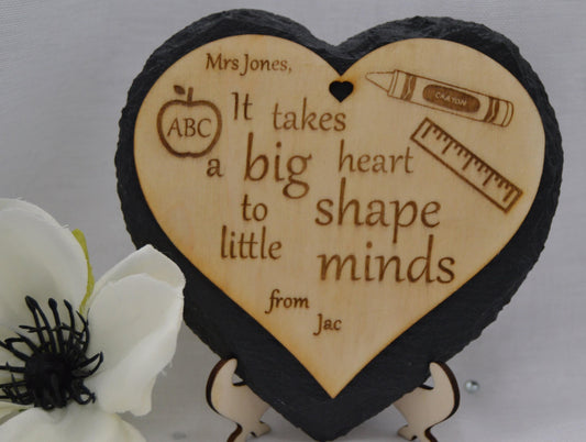 Teachers heart gift, Can be personalised, Slate and wood design, Laser engraved, stand, can be used ad coaster. Hand Made by Llan Gifts