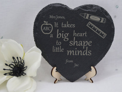 Teachers heart gift, Can be personalised, Slate and wood design, Laser engraved, stand, can be used ad coaster. Hand Made by Llan Gifts