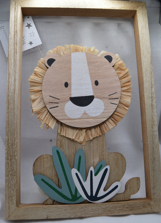 Lion Cutout Plaque, Adorable Wood Lion With Grass Mane Sat Within a Wooden Frame, size 30cm