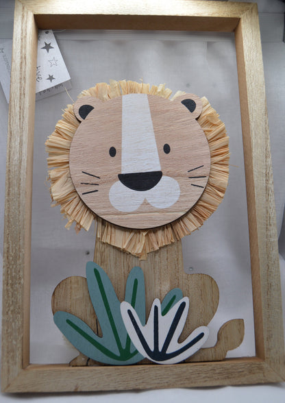 Lion Cutout Plaque, Adorable Wood Lion With Grass Mane Sat Within a Wooden Frame, size 30cm