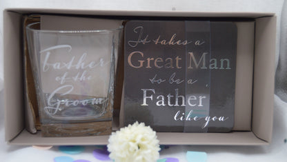 Wedding Gifts, Amore Whisky Glass & Coaster - Father Of Bride, size 9cm, Beautifully Gift Boxed, Perfect for Weddings, Love, Priodas