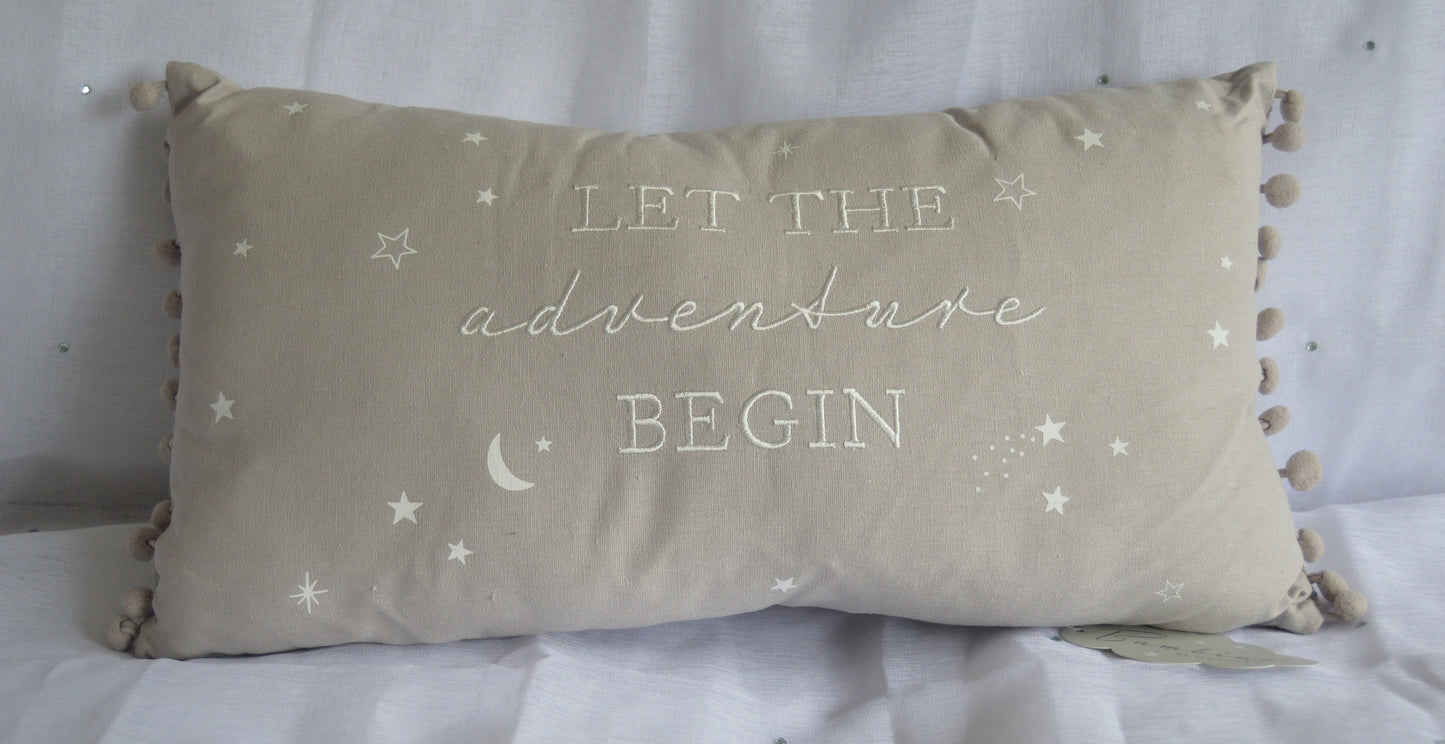 Let The Adventure Begin Cushion 47cm, Rectangle Shape, Stars, Moon, Plush Bambino Cushion