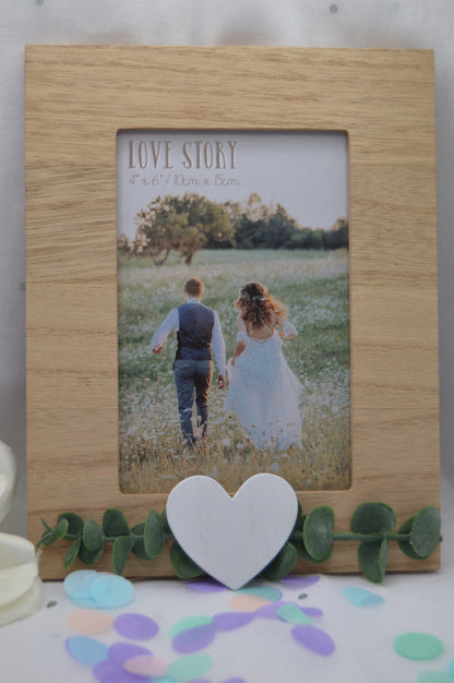 Love Story Rustic Wooden Frame, Size 4x6, 5x7, 8x10, with Leaves and Heart, Wedding