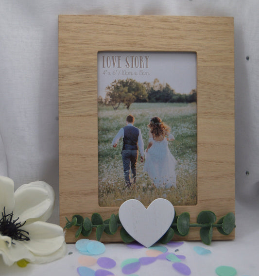 Love Story Rustic Wooden Frame, Size 4x6, 5x7, 8x10, with Leaves and Heart, Wedding