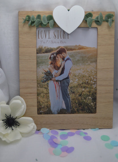 Love Story Rustic Wooden Frame, Size 4x6, 5x7, 8x10, with Leaves and Heart, Wedding