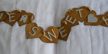 Wooden Bunting with Home Sweet Home, Grey lettering, House