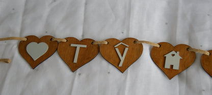 Wooden Bunting with "TY NI", Grey lettering, Grey Hearts, House, Cymraeg, Welsh