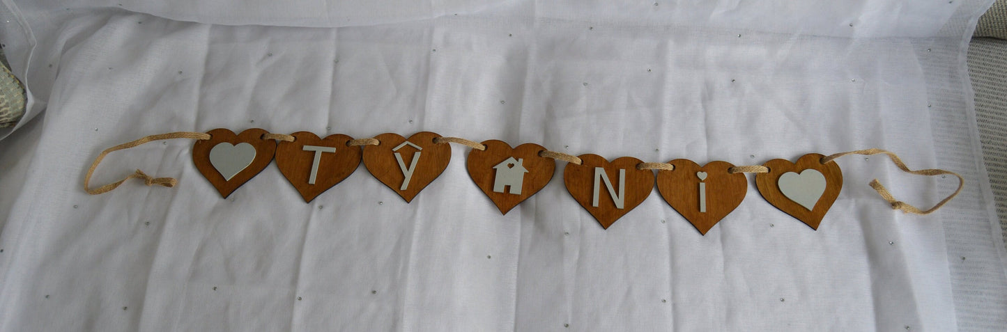Wooden Bunting with "TY NI", Grey lettering, Grey Hearts, House, Cymraeg, Welsh