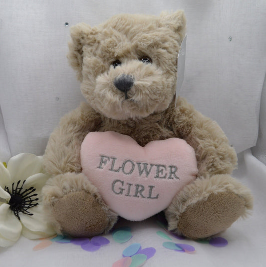 Plush Teddy Bear Holding a Heart, Flower Girl, Page Boy Bear, Pink and Blue Heart