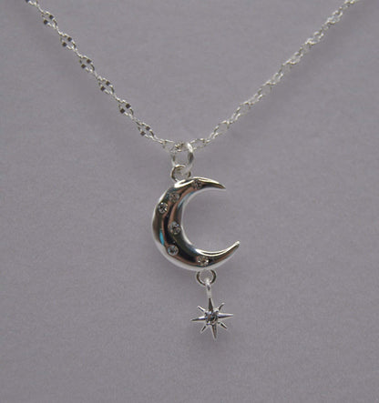 Neckless, Celestial Starlight neckless, Moon Shaped and dangling Star, Silver, with Cubic Zirconia, Jewellery