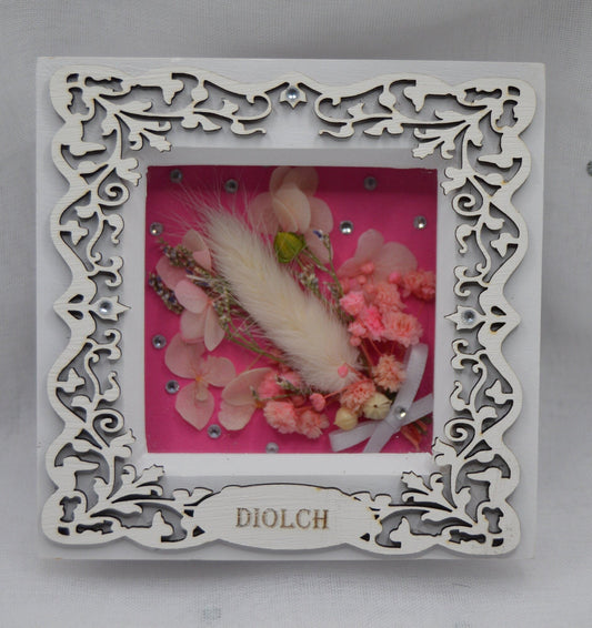 Dried Flowers Box Frame, Frame, Thick white wooden frame, Thank You, Diolch, Cymraeg, Welsh, Plaque, Small, Mr & Mrs.