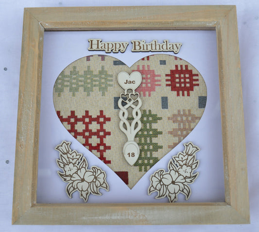 Love Spoon Box Frame, can be personalised, gift, laser engraved, Birthday, Wedding, Welsh, Cymraeg, Wool material, Welsh Tapestry.