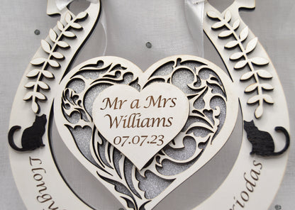 Wedding Horseshoe, Pedol Priodas, Welsh, Cymraeg, gift, laser engraved, Priodas, English