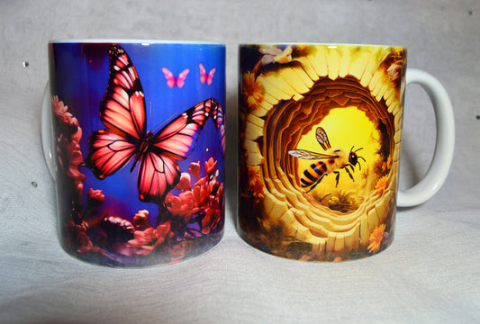 Bee and Butterfly Themed Mugs, Mygiau Thema Bee a Glöynnod Byw